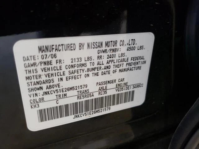 2006 06 INFINITI G35 SEDAN 4DR 4X2 2WD AUTOMATIC TRANSMISSION ASSY 98X2A RE5R05A