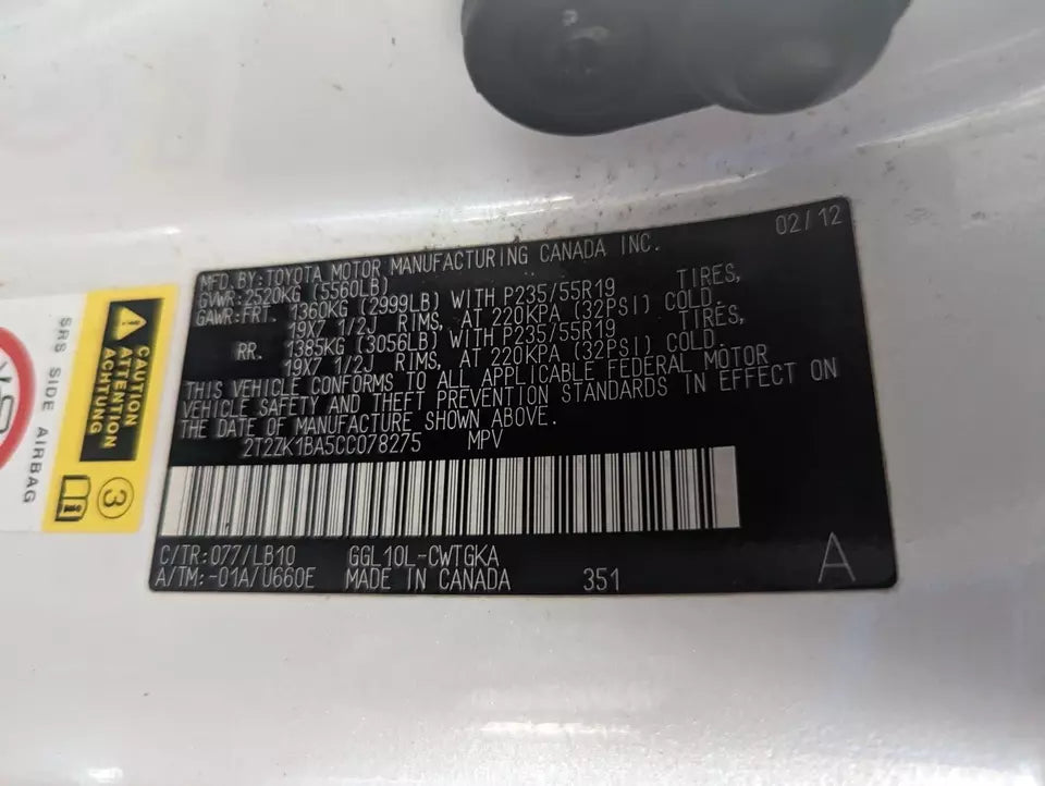 10 11 12 13 14 15 LEXUS RX350 RX 350 RX450 REAR LEFT DRIVER SIDE LH DOOR 077