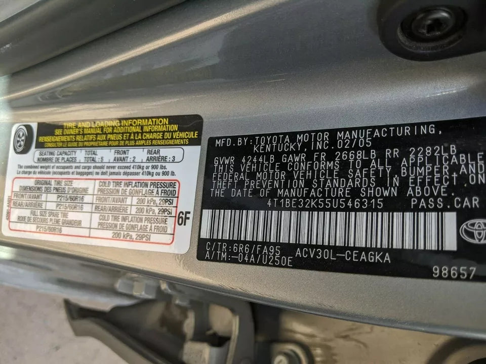 2002 2003 2004 2005 2006 TOYOTA CAMRY FRONT AND REAR RIGHT PASSENGER SIDE DOORS