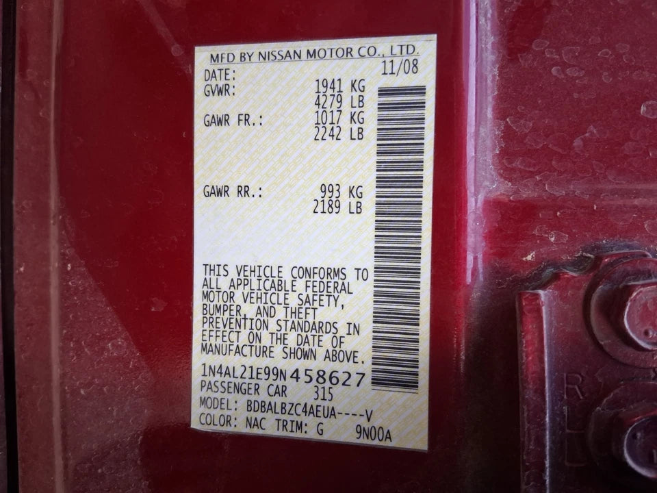 08 09(THRU 06/09) NISSAN ALTIMA 2.5L AT CVT AUTO TRANSMISSION ASSY FED EMISSION