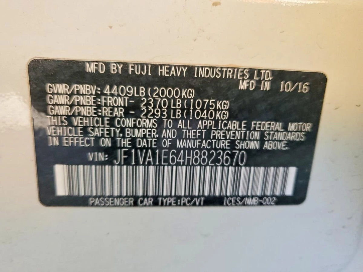 15 16 17 SUBARU WRX 2.0L CVT 4X4 AWD AUTOMATIC TRANSMISSION TR690GB9BA