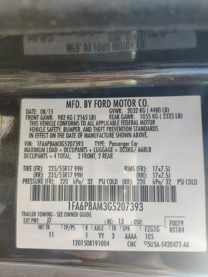 2015 2016 2017 FORD MUSTANG ENGINE MOTOR ASSEMBLY 3.7L VIN M, 8th digit