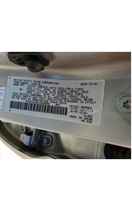 2001 2002 2003 TOYOTA HIGHLANDER 3.0L V6 ENGINE MOTOR ASSY 2WD FWD 4X2 VIN F