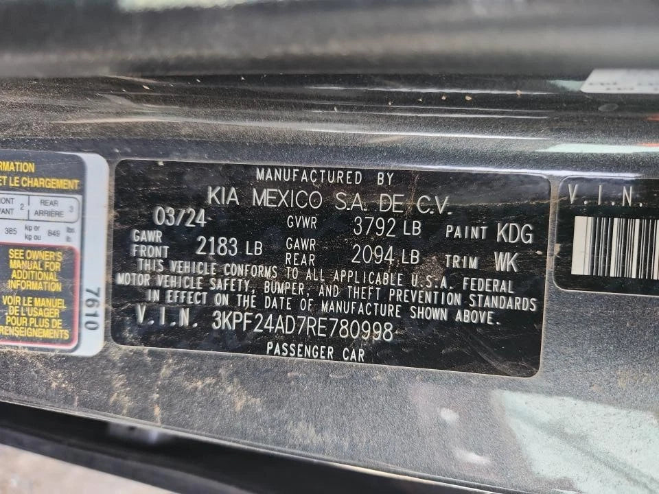 19 20 21 22 23 24 KIA FORTE 2.0L, VIN D (8th digit, Sedan) AT CVT ENGINE MOTOR