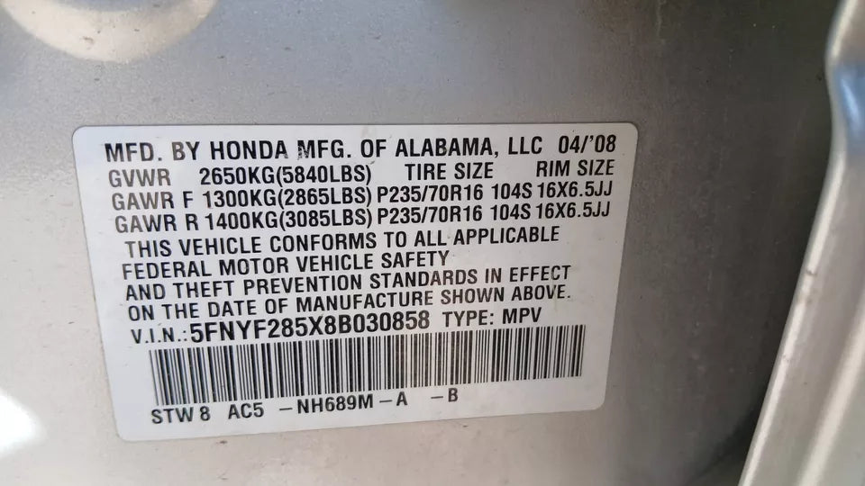 2006 2007 2008 06 07 08 HONDA PILOT 3.5L V6 2WD 4X2 ENGINE MOTOR ASSEMBLY J35Z1