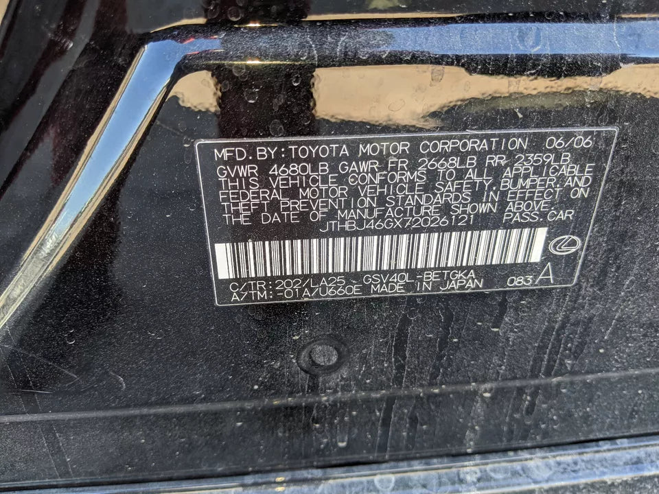 07 08 09 10 11 12 LEXUS ES350 ES 350 REAR LEFT DRIVER SIDE DOOR - BLACK