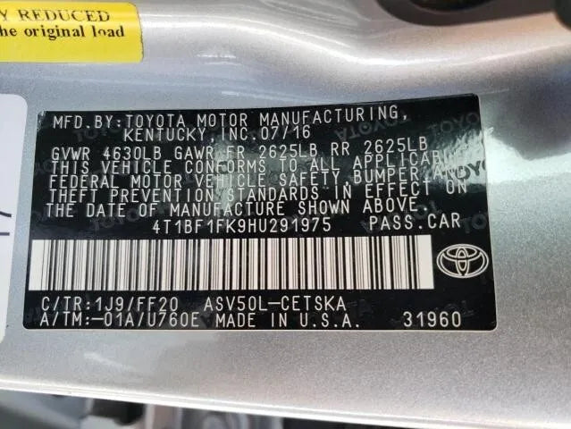 2012 2013 2014 2015 2016 2017 TOYOTA CAMRY 2.5L ENGINE MOTOR ASSY VIN F 2ARFE -A