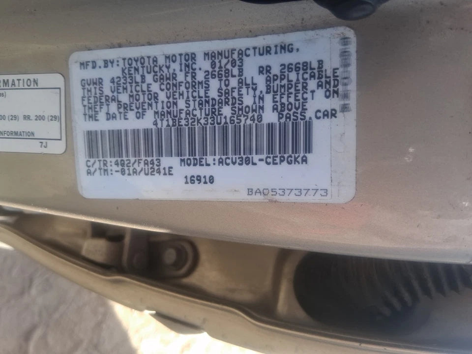 02 03 04 05 06 TOYOTA CAMRY 02-06 SOLARA 2.4L ENGINE MOTOR VIN E 2AZFE