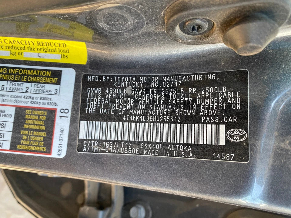 13 14 15 16 17 18 TOYOTA AVALON REAR LEFT DRIVER LH SIDE DOOR - GRAY COLOR 1G3