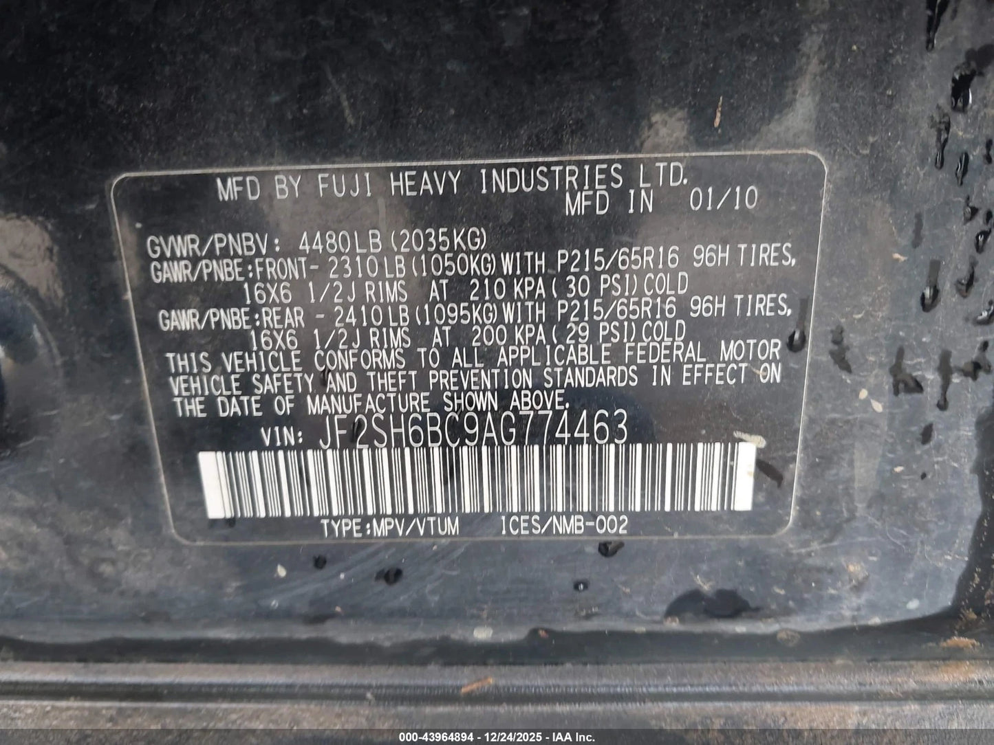 09 10 11 12 13 SUBARU FORESTER 2.5L W/O TURBO MANUAL MT STANDARD TRANSMISSION