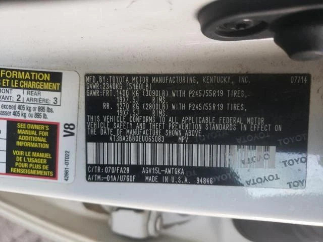 2014-2016 TOYOTA VENZA TAILGATE LIFTGATE TRUNK LID ASSEMBLY - 070 WHITE COLOR