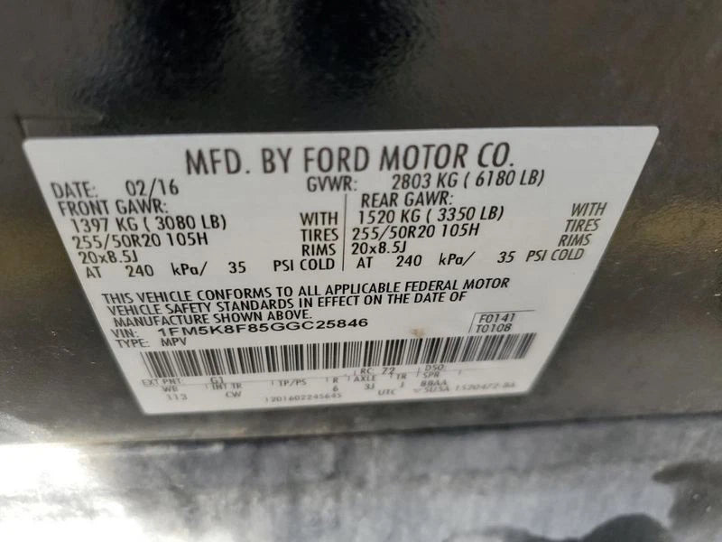 14-19 FORD FLEX EXPLORER NON-TURBO 3.5L 2WD 4X2 AUTOMATIC TRANSMISSION DA8P7000C