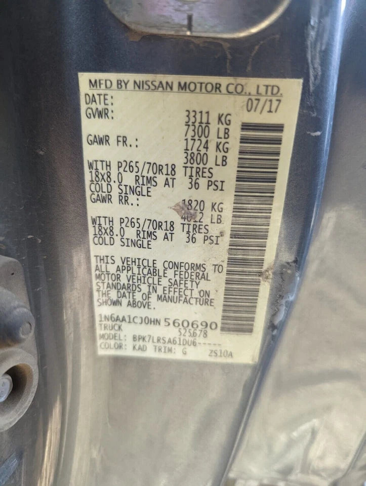 17 18 19 20 NISSAN TITAN S REAR END DIFFERENTIAL CARRIER AXLE 4WD 4X4 2.94 RATIO