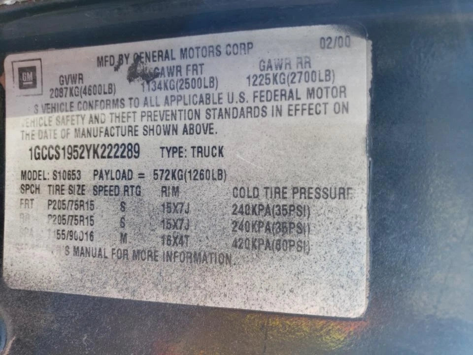 2000 CHEVY S10 S15 GMC SONOMA ISUZU HOMBRE 2.2L ENGINE MOTOR VIN 5 (8TH DIGIT)