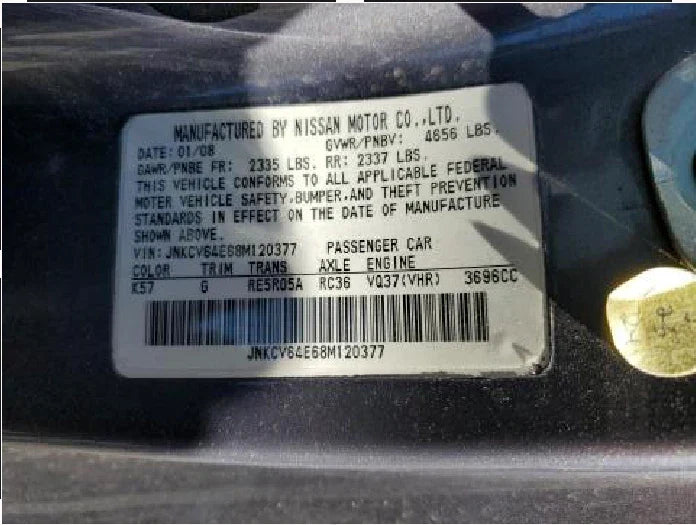 2008 INFINITI G37 automatic transmission assembly label with VIN and manufacturing details