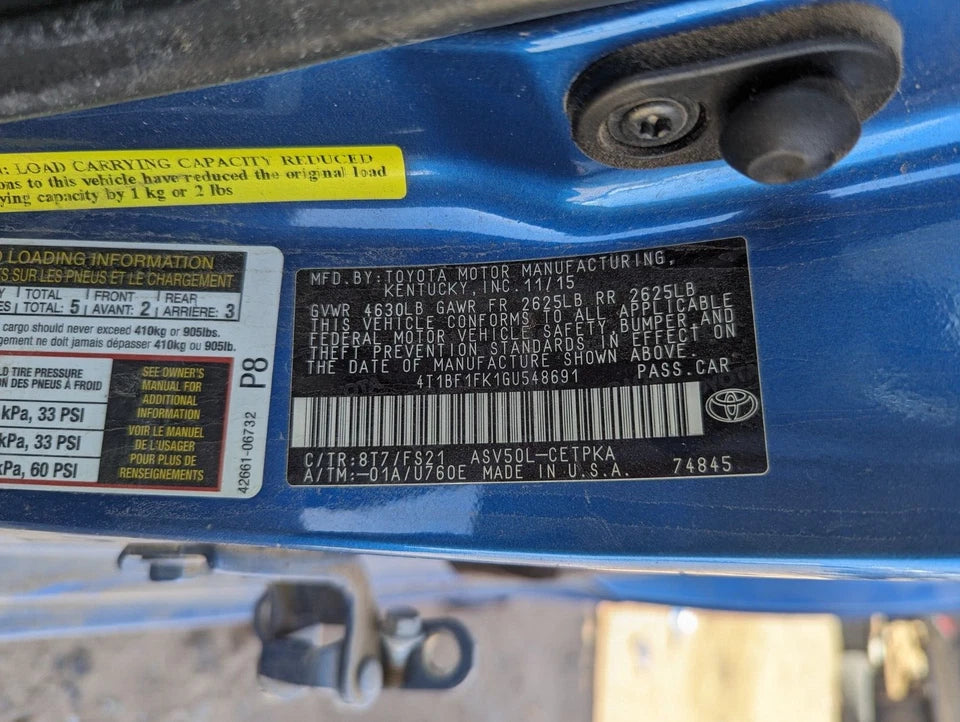 2015 2016 2017 TOYOTA CAMRY REAR RIGHT SIDE DOOR - COLOR 8T7