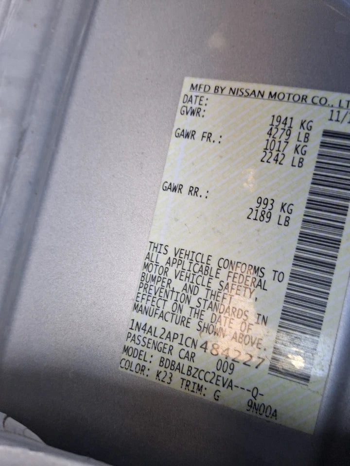 10 11 12 NISSAN ALTIMA 2.5L AT CVT AUTOMATIC TRANSMISSION ASSEMBLY CALI EMISSION