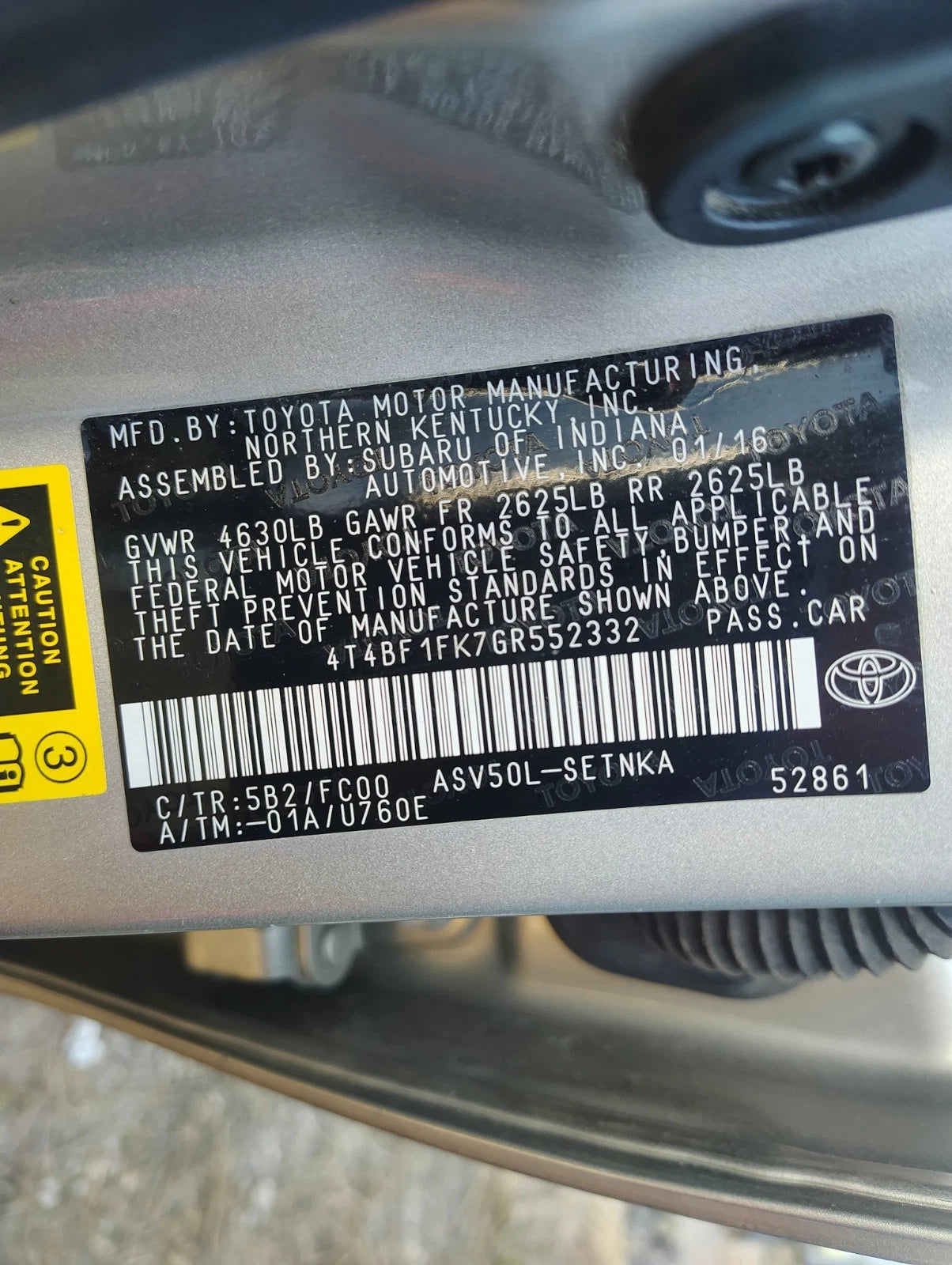 12 13 14 15 16 17 TOYOTA CAMRY 2.5L AUTOMATIC TRANSMISSION ID 30510-06071