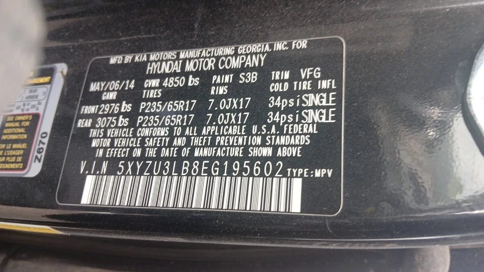 13-16 HYUNDAI SANTA FE VIN B 14-15 KIA SORENTO VIN 6 2.4L ENGINE MOTOR ASSY G4KJ