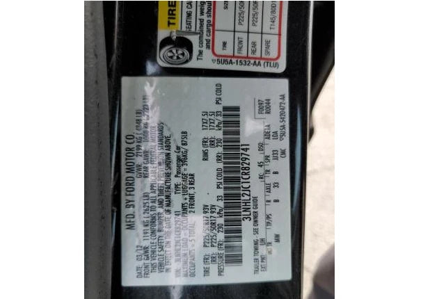 2011 2012 LINCOLN MKZ FORD FUSION VIN C, 8th digit 3.5L ENGINE MOTOR W/O COOLER