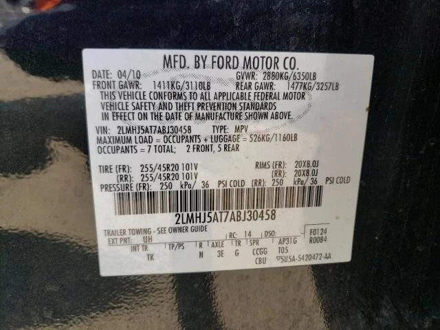 2010 FORD TAURUS FLEX LINCOLN MKT 3.5T 4WD 4X4 AUTOMATIC TRANSMISSION W/TRANSFER