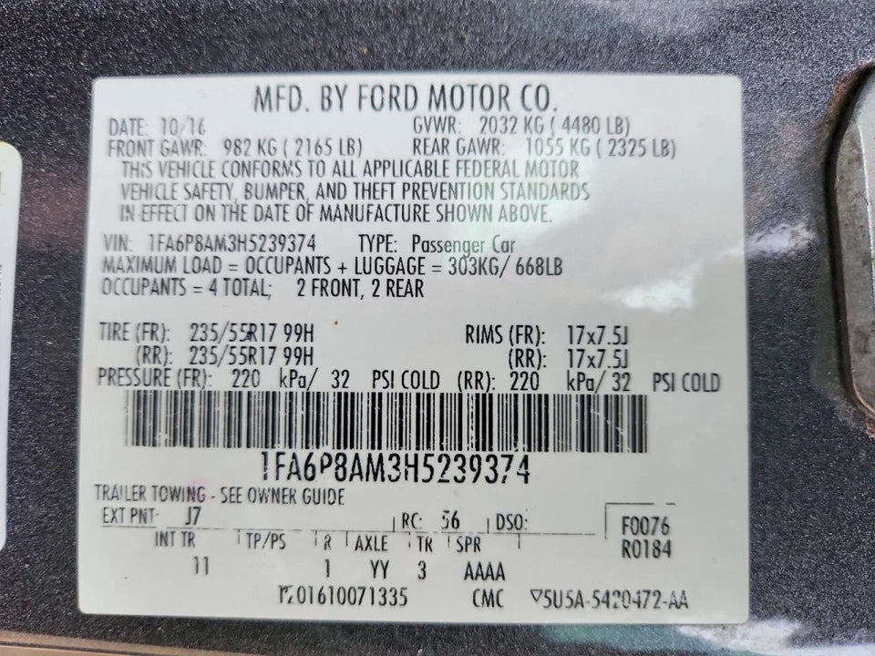2015 2016 2017 FORD MUSTANG ENGINE MOTOR ASSEMBLY 3.7L VIN M, 8th digit