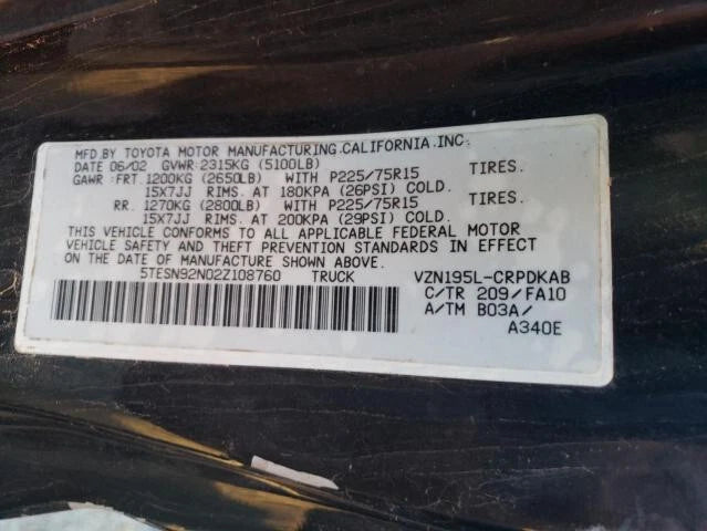 2001 2002 2003 2004 TOYOTA TACOMA PRERUNNER ENGINE MOTOR ASSY 3.4L V6 5VZFE