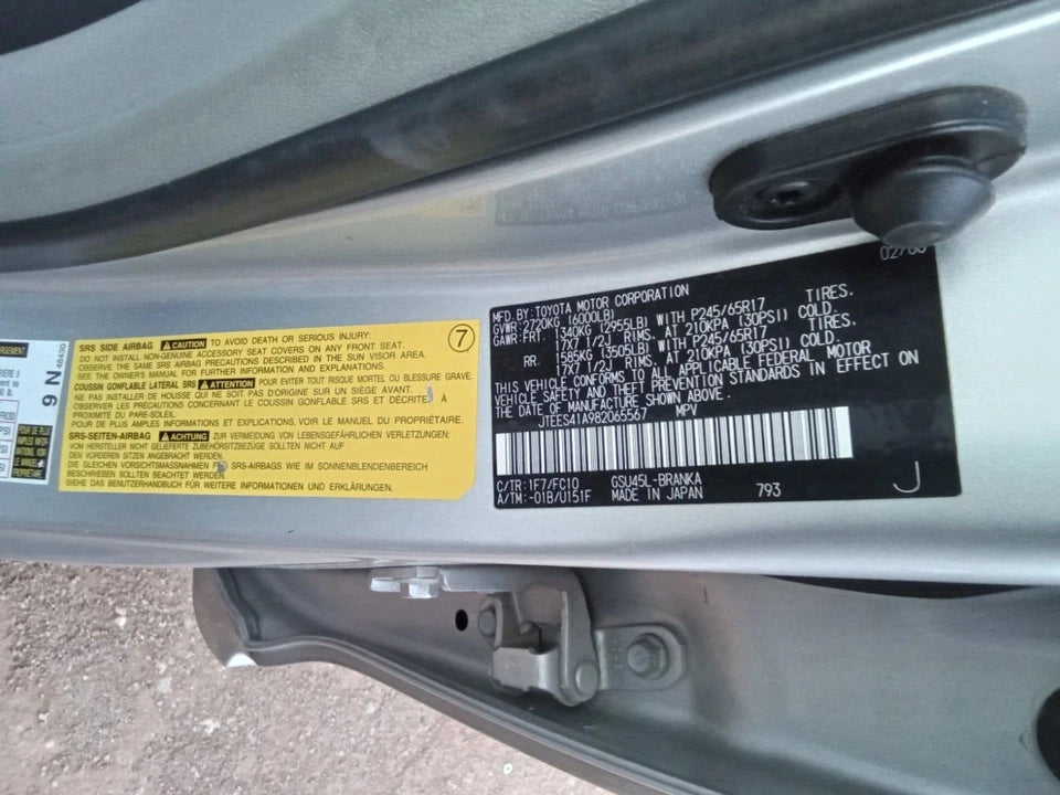 08 09 10 11 12 13 TOYOTA HIGHLANDER FRONT & REAR RIGHT PASSENGER SIDE DOORS (SET
