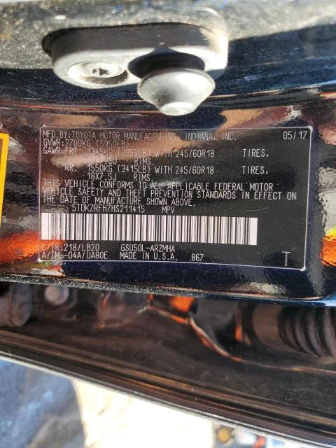 14 15 16 17 18 19 TOYOTA HIGHLANDER REAR RIGHT RH PASSENGER SIDE DOOR