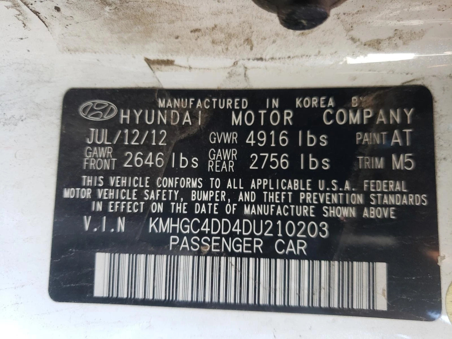 12 13(THRU 07/13/12) HYUNDAI GENESIS SEDAN 4DR 3.8L V6 RWD 2WD AUTO TRANSMISSION