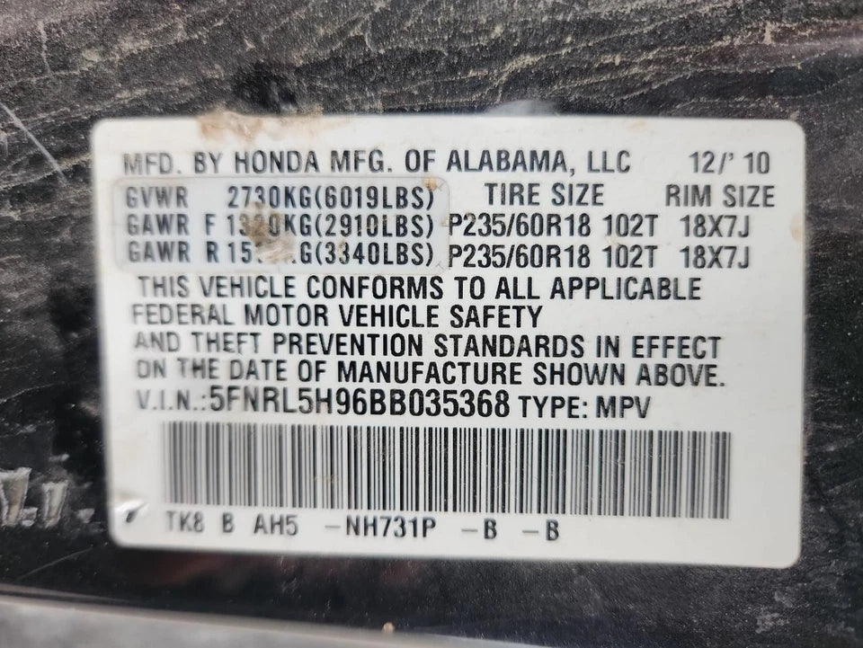 11 12 13 14 15 16 17 HONDA ODYSSEY V6 3.5L 2WD VIN 5 ENGINE MOTOR ASSEMBLY J35Z8