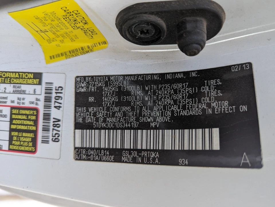 2011 2012 2013 2014 TOYOTA SIENNA REAR RIGHT PASSENGER SIDE DOOR ASSEMBLY