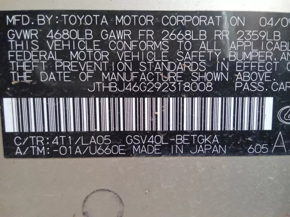 07 08 09 10 11 12 LEXUS ES350 ES 350 REAR LEFT DRIVER SIDE DOOR 4T1