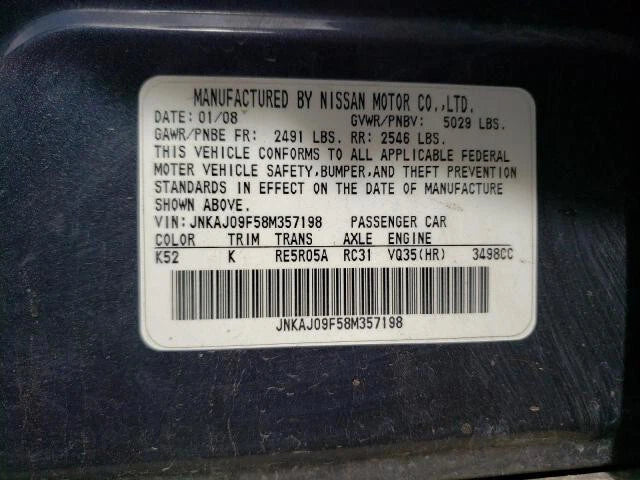 08 INFINITI EX35 EX 35 ENGINE MOTOR 3.5L V6 VIN A 4th digit VQ35HR AWD thru 3/08