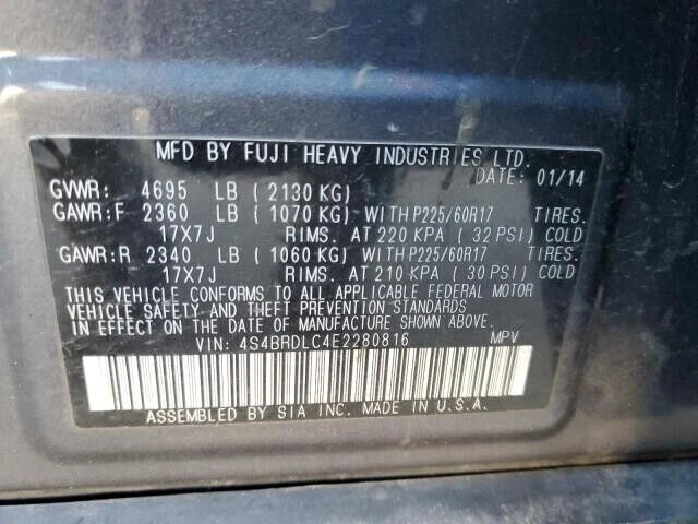12 13 14 SUBARU LEGACY OUTBACK 3.6L, VIN D, VIN E, VIN M, VIN J ENGINE MOTOR